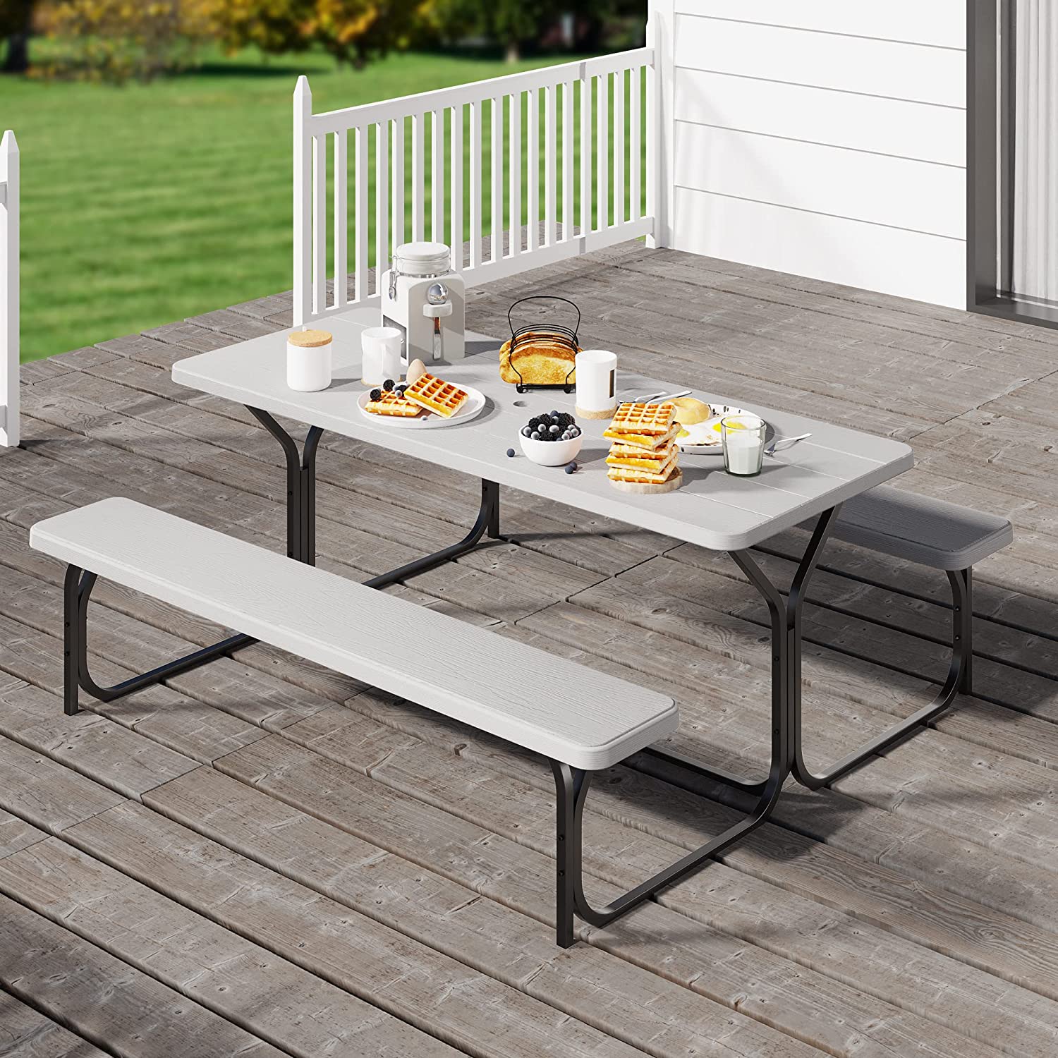 DWVO Picnic Table 6ft Heavy Duty Outdoor Picnic Table and Bench Resin Tabletop and Stable Steel Frame w/Umbrella Hole for Yard Patio Lawn Party Light Gray