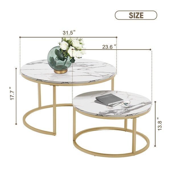 Modern Round Nesting Coffee Table Set， with 31.5 in White Faux Marble Top and Gold Metal Legs