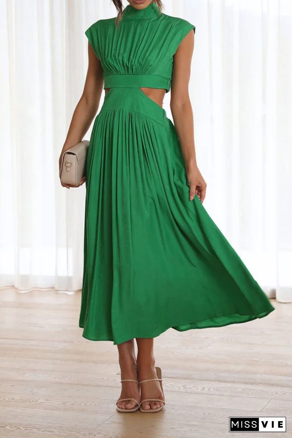 Plain Frilled High Collar Cut Out Waist Maxi Dress