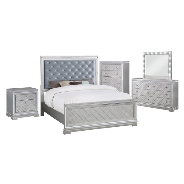 Upholstered California King Bedroom Set in Silver and Metallic Mercury - - 36135799