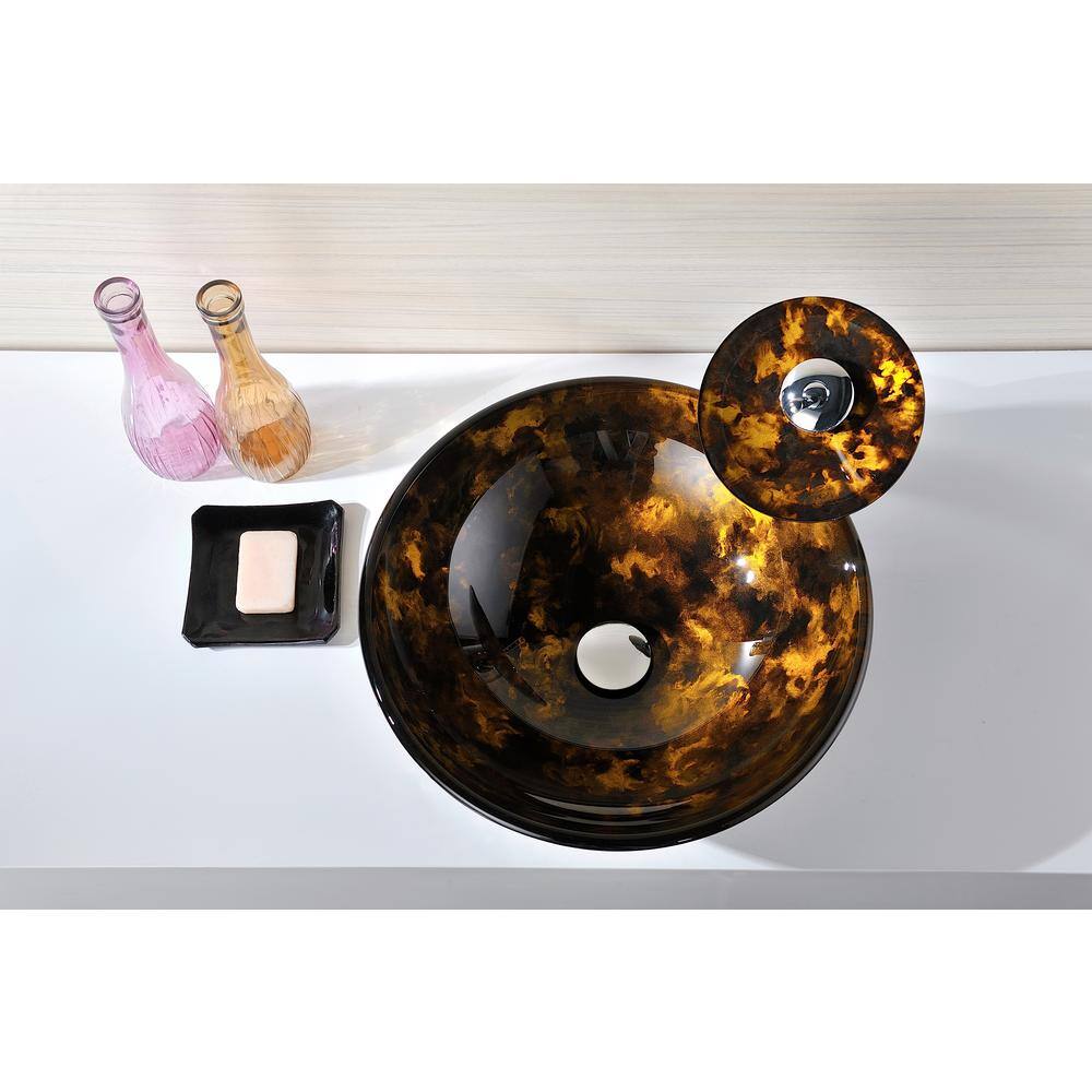 ANZZI Toa Deco-Glass Vessel Sink in Kindled Amber with Matching Chrome Waterfall Faucet LS-AZ8102