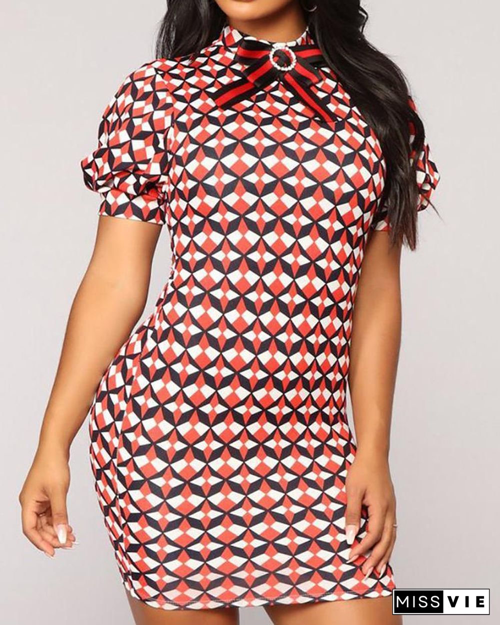 Geometric Print Tied Neck Cutout Back Bodycon Dress P12101