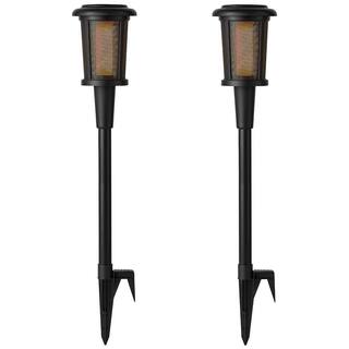 Hampton Bay Ambrose Solar 6 Lumens Matte Black Integrated LED Flicker Flame Torch Path Light with Adjustable Height (2-Pack) 93121