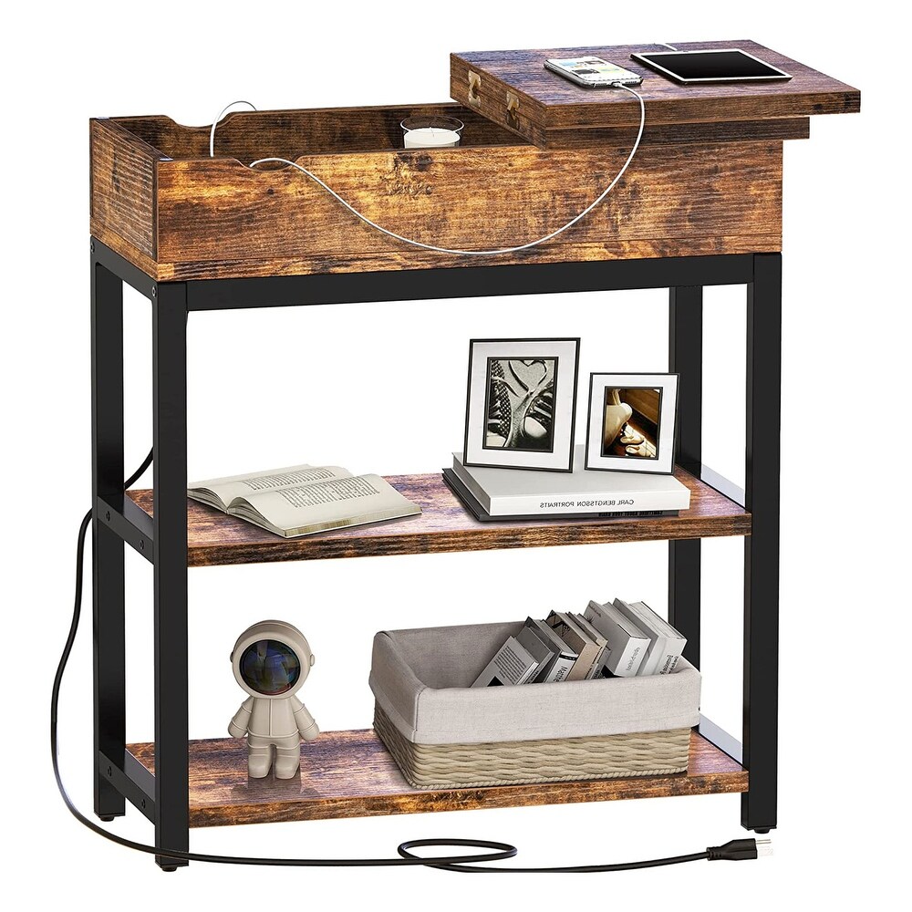 FABATO End Table and Nightstand with Charging Station  Rustic Brown   21.50