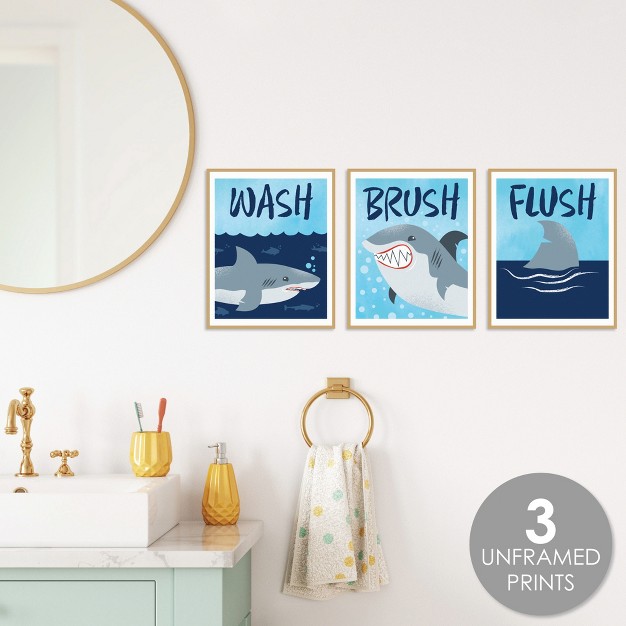 Big Dot Of Happiness Shark Zone Unframed Wash Brush Flush Jawsome Shark Bathroom Wall Art 8 X 10 Inches Set Of 3 Prints