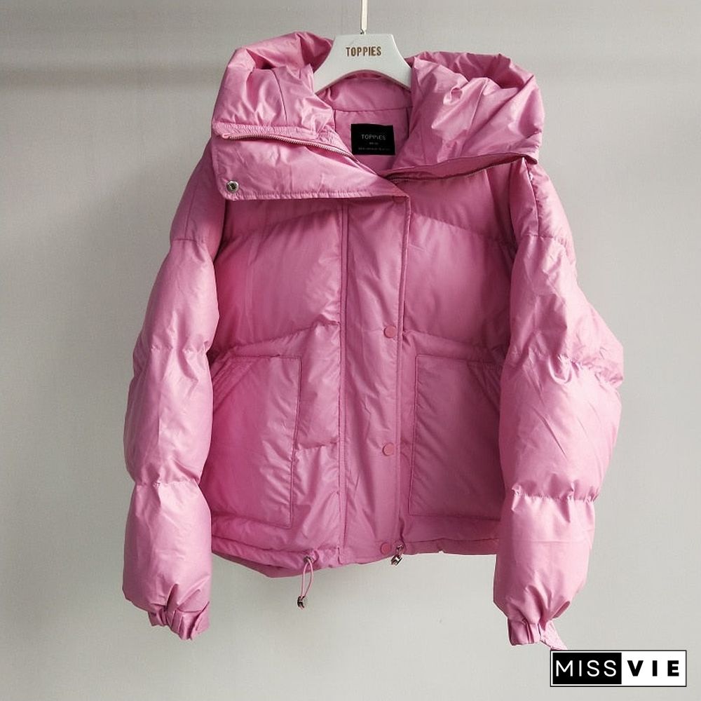 Toppies Winter Jacket Women Hooded Pink Puffer Jackets Loose Casual Candy Color Coat Korean Fashion Outwear