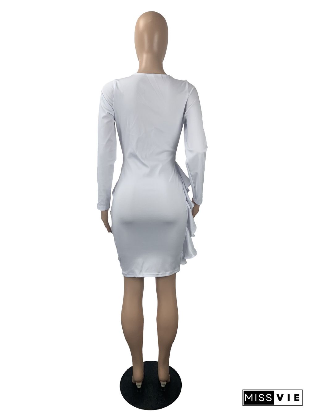 Deep V Neck Ruffle Long Sleeve Solid Ruched Dress