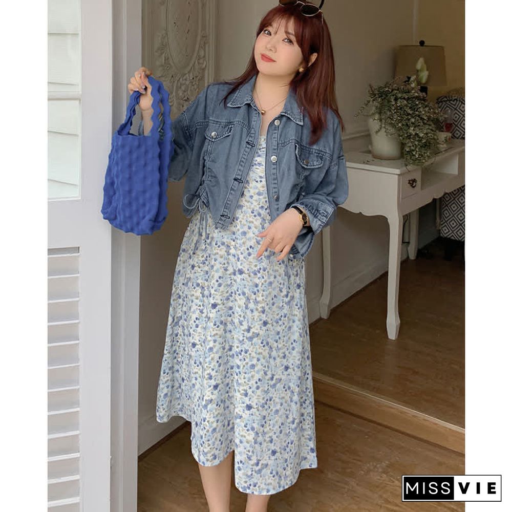 Plus Size Drawstring Denim Jacket Floral Print Slip Dress