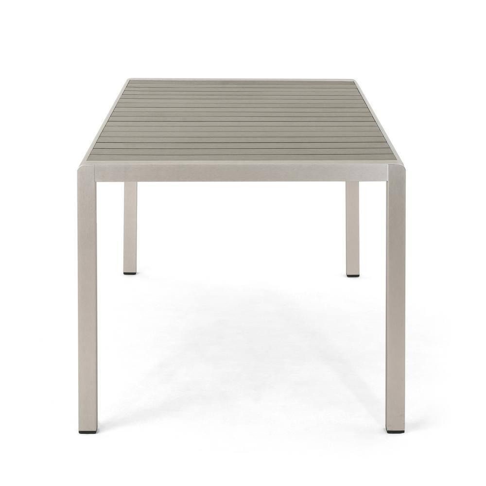 Noble House Cape Coral Silver Rectangular Aluminum Outdoor Dining Table with Gray Faux Wood Top