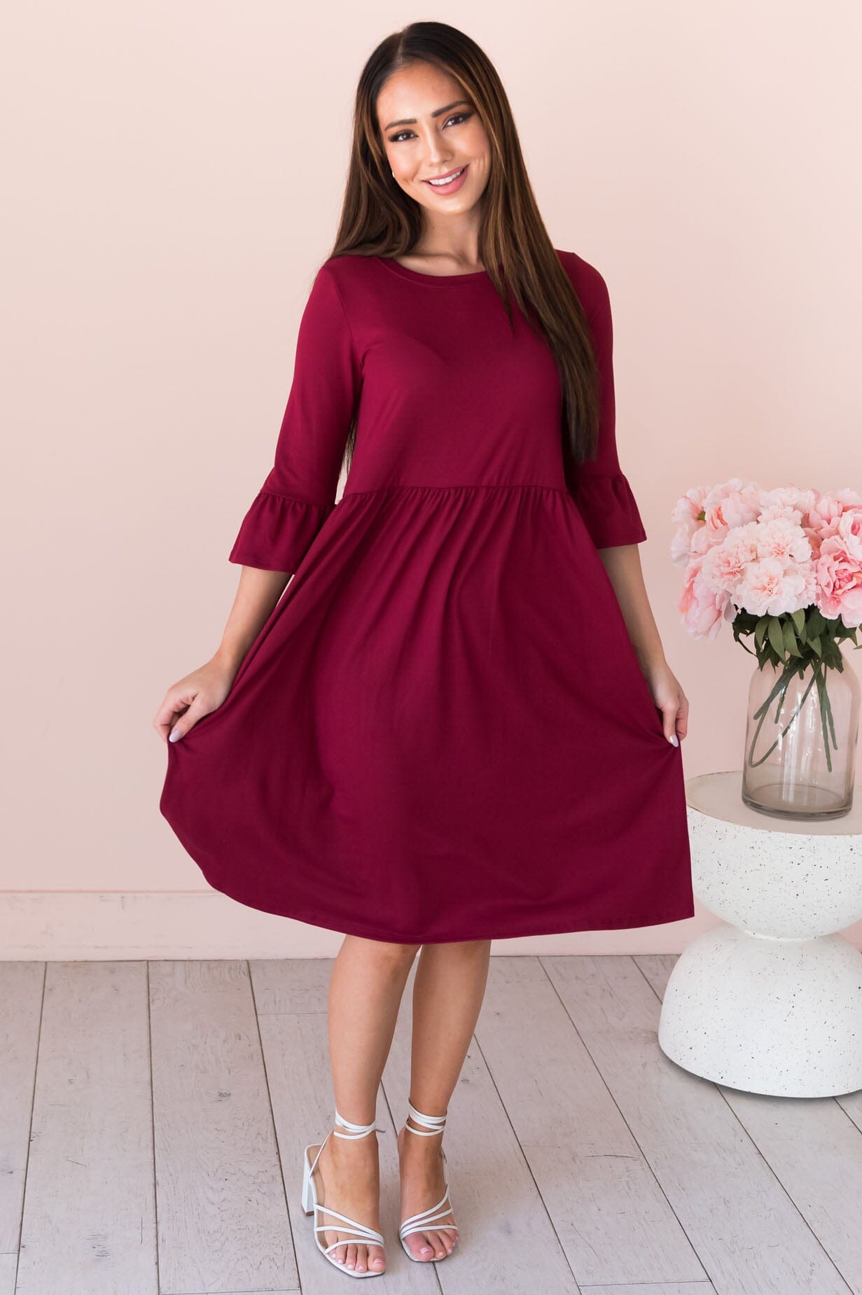 Zadie burgundy bell-sleeved crew neck gown