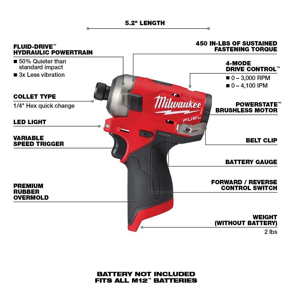 MW M12 FUEL 12-Volt Lithium-Ion Brushless Cordless SURGE 14 in. Impact Driver  M12 FUEL Hammer Drill wBattery  Charger 48-59-2440-2551-20-3404-20