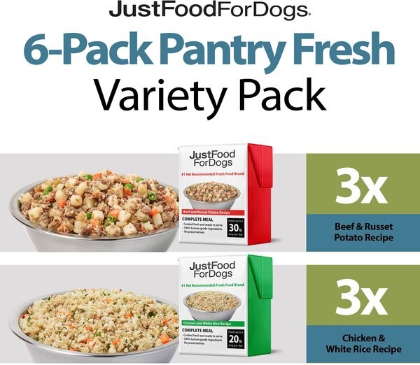 JustFoodForDogs Pantry Fresh Beef and Chicken Variety Pack Fresh Dog Food， 12.5-oz pouch， case of 6