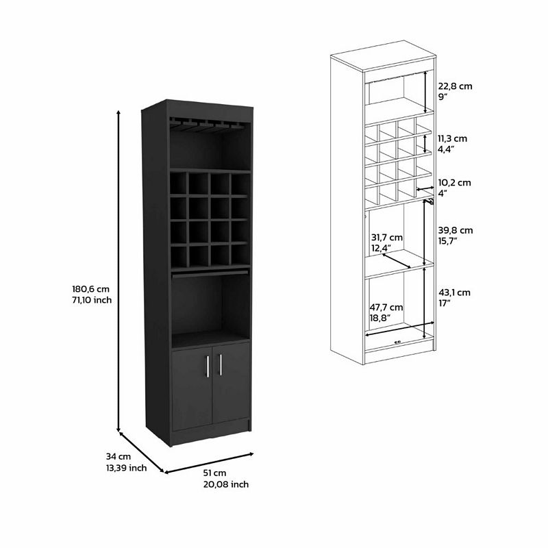 DEPOT E-SHOP Athens Kava Bar Cabinet， 16 Built-in Wine Rack， Two Door Cabinet， Two Shelves， Black