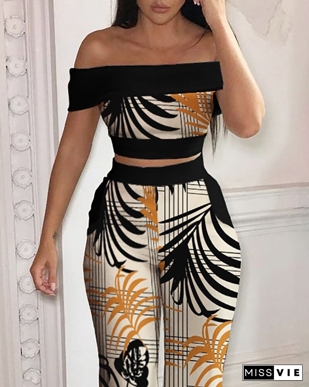 Tropical Print Off Shoulder Top & High Waist Pants Set