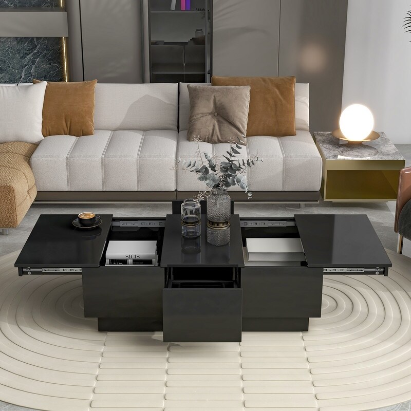 Extendable Coffee Table with 2 Large Hidden Storage Compartment and 2 Drawers， Cocktail Table Center Table with Sliding Top