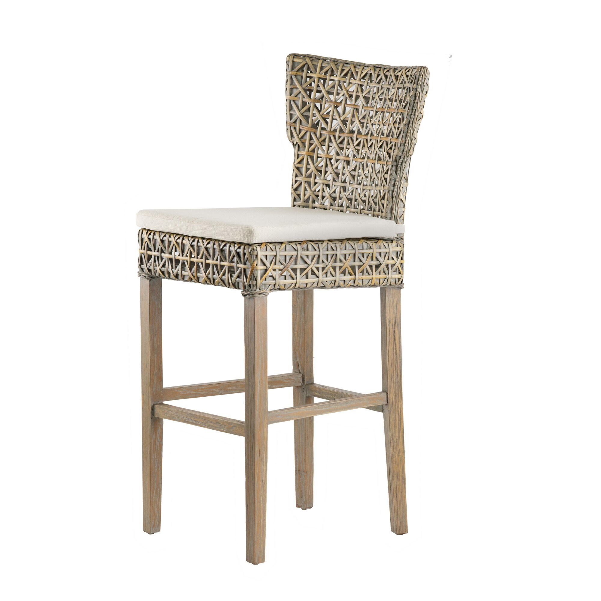 30 Inch Bar Chair， Wood Frame， Armless， Rattan Woven Seat， Classic， Gray