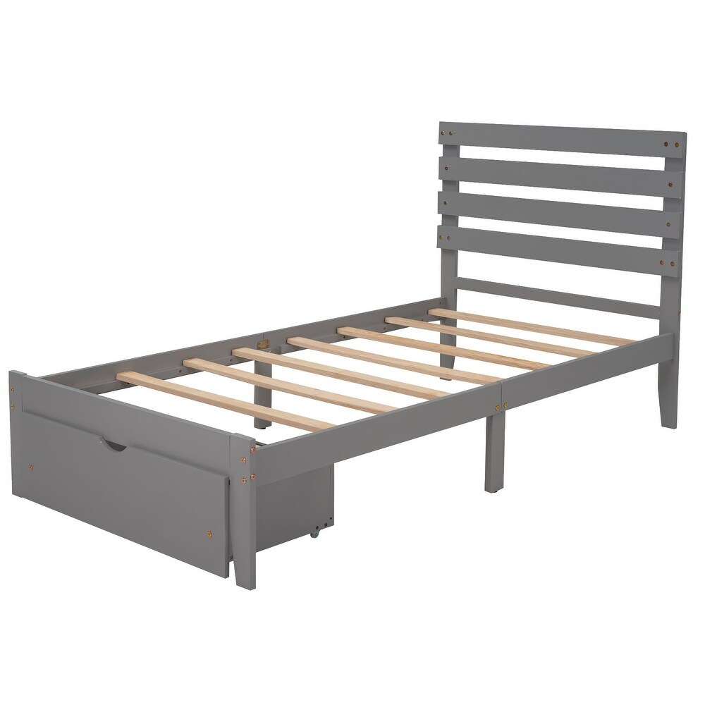 Modern Twin Platform Storage Bed with Footside Drawer  Wood Panel Bed for Small Aprtment Dorm Bedroom