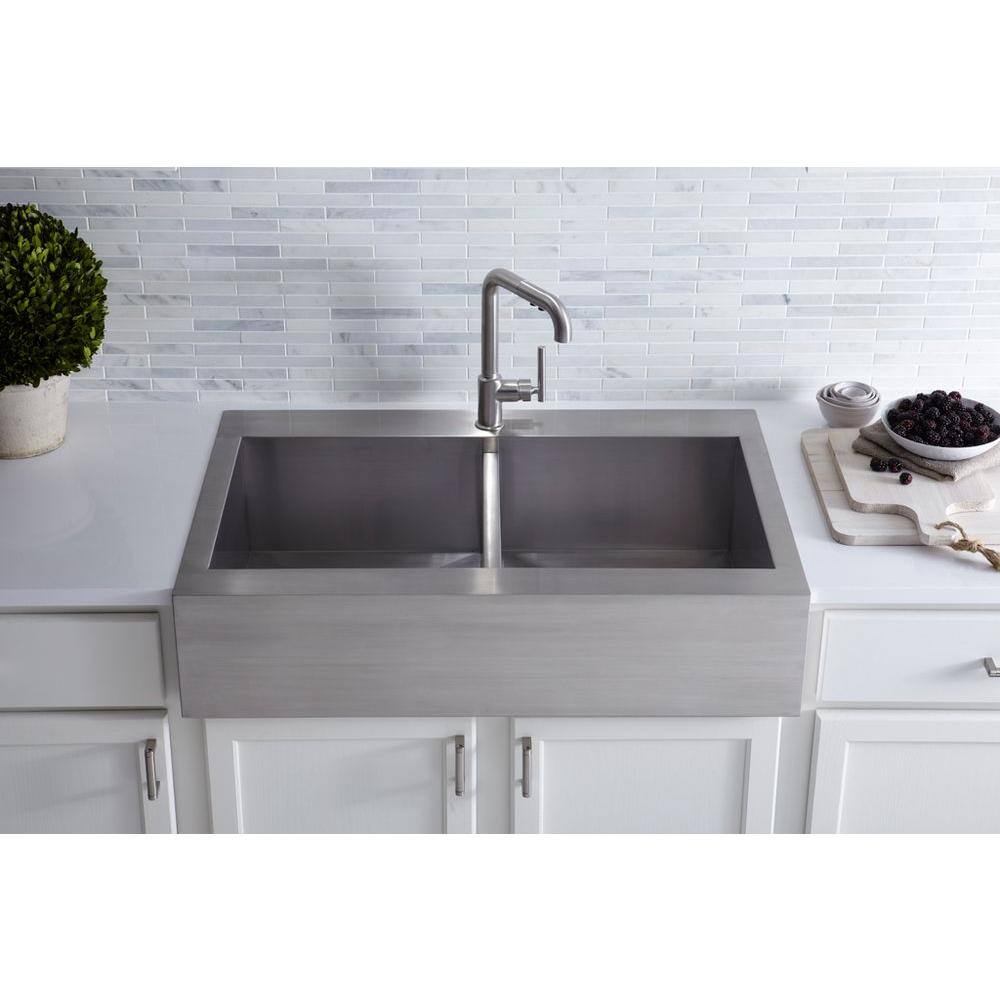 KOHLER Vault Farmhouse Drop-In Apron Front Self-Trimming Stainless Steel 36 in. 1-Hole Double Bowl Kitchen Sink K-3944-1-NA