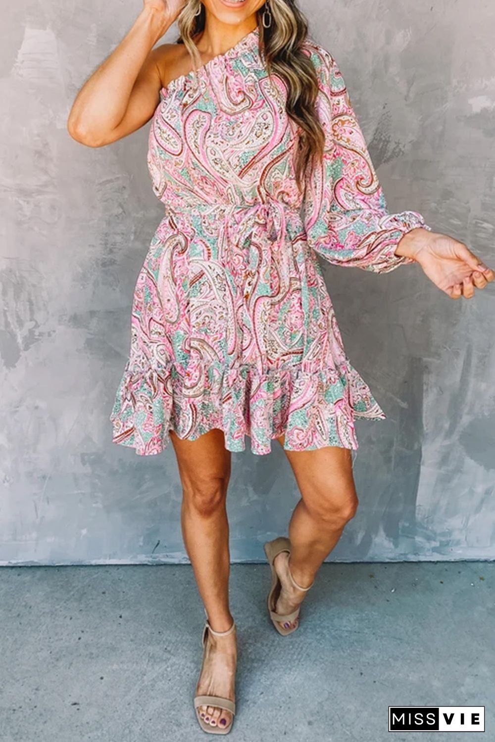 Pink Paisley Print One Shoulder Lace-up High Waist Mini Dress