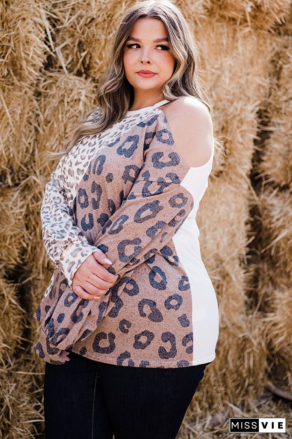 Plus Size Leopard Color Block Asymmetrical Cold Shoulder Top