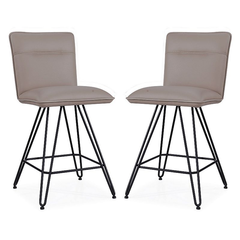 Metal Leather Upholstered Counter Height Stool with Hairpin Style Legs， Taupe and Black