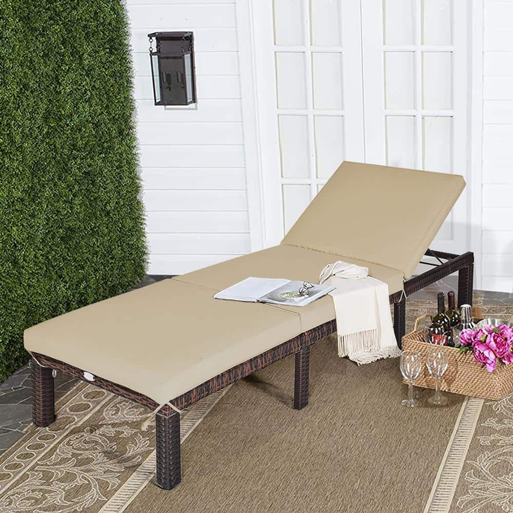 Costway Adjustable Wicker Outdoor Lounge Chair with Beige Cushion HW63758