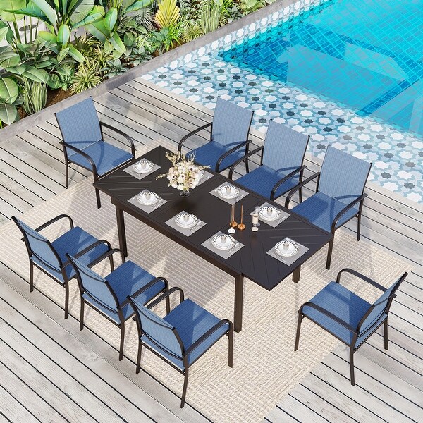 MAISON ARTS 9Piece Patio Dining Set with Expandable Rectangular Metal Table and 8 Textilene Dining Chairs