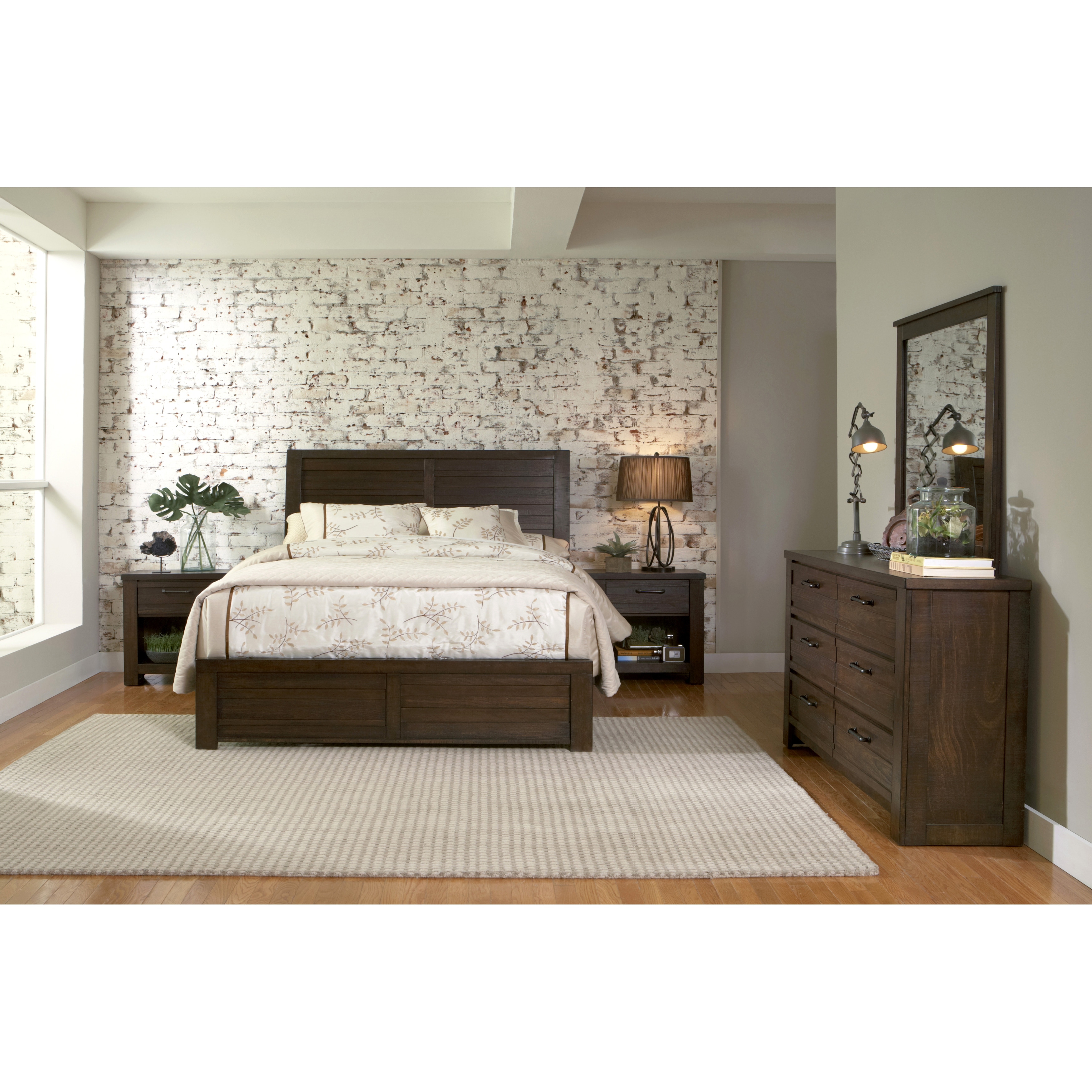 Roundhill Furniture Sedona Transitional Wood Bedroom Set， Panel Bed with Dresser， Mirror， Two Nightstands in Espresso - - 37524242