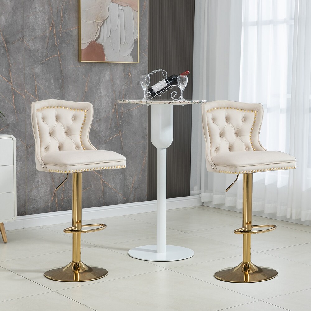 Velvet Upholstered Tufted Swivel Adjustable Height Bar Stools With Golden Footrest(set of 2)