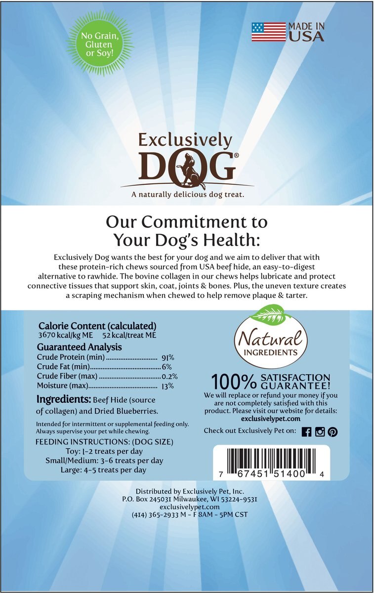 Exclusively Pet Collagen + Superfood Chews Blueberry Dog Dental Treats， 4-oz bag