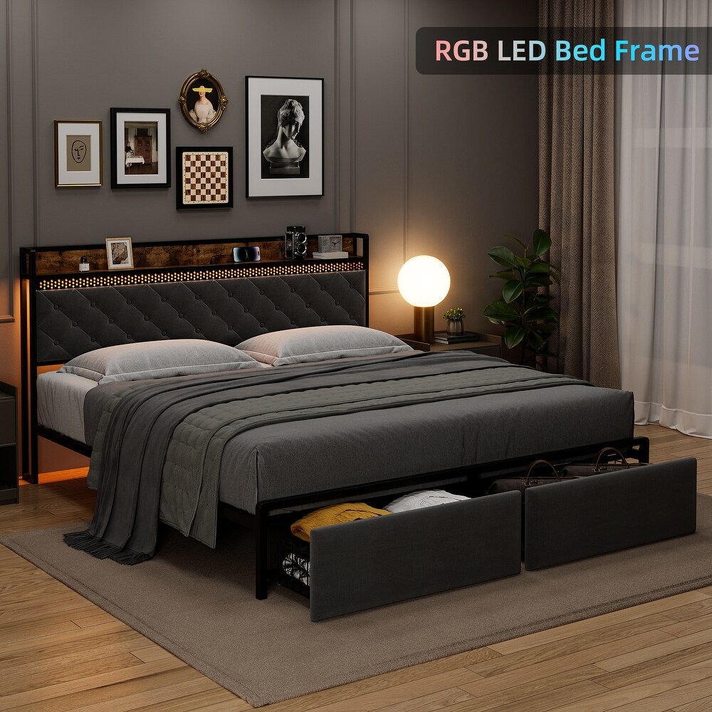 Bed Frame with 2 Storage Drawers LED