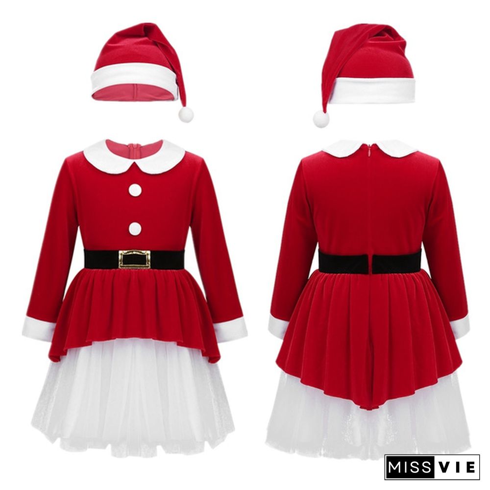 Girls Themed Party Christmas Costume Dress with Hats Kids' 2Pcs Xmas Carnival Santa Claus Performance Outfits