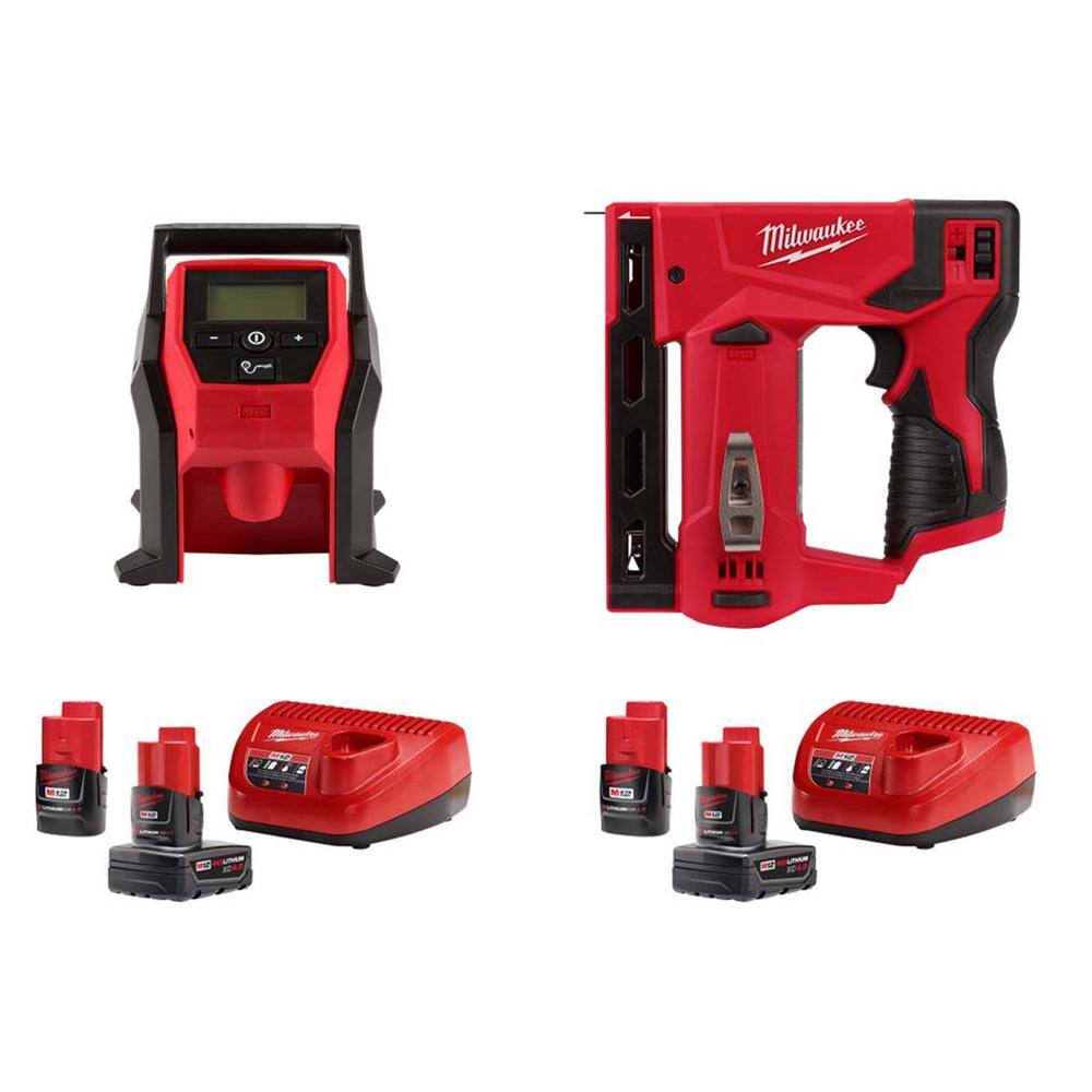 MW M12 Compact Inflator Kit with M12 Cordless 38 Crown Stapler 4.0 Ah and 2.0 Ah Battery Packs and Charger (2-Pack) 2475-20-48-59-2424-2447-20-48-59-2424