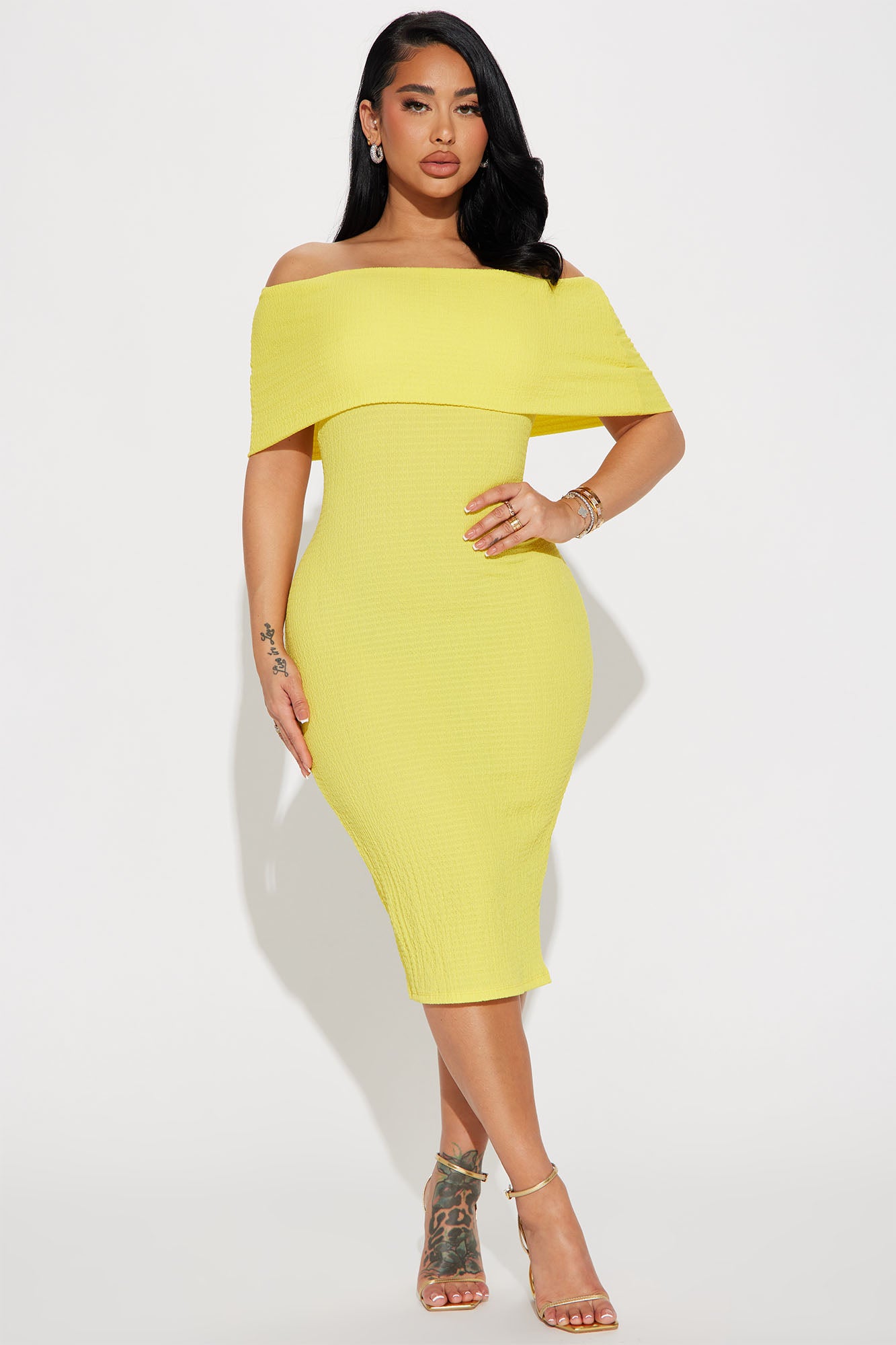 Ana Off Shoulder Midi Dress - Yellow