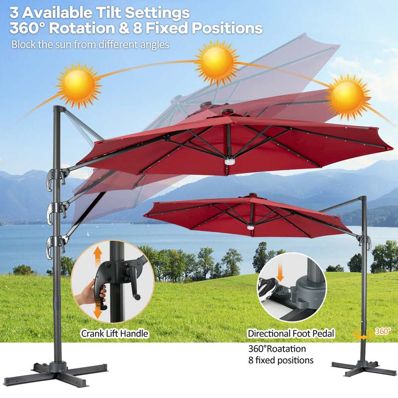 10 FT Cantilever Offset Patio Umbrella 28 Solar LED Lighted Market Umbrella with 3-Tilt Position, Crossed Base