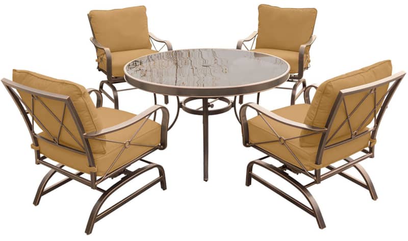 Hanover Summer Nights 5-Piece Outdoor Dining Set In Tan With 4 Steel Rockers and 48 Glass Table