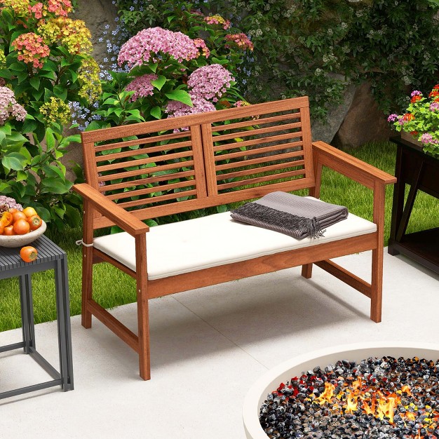 Costway Patio Bench Outdoor Solid Wood Loveseat Chair With Backrest amp Cushion Porch Garden