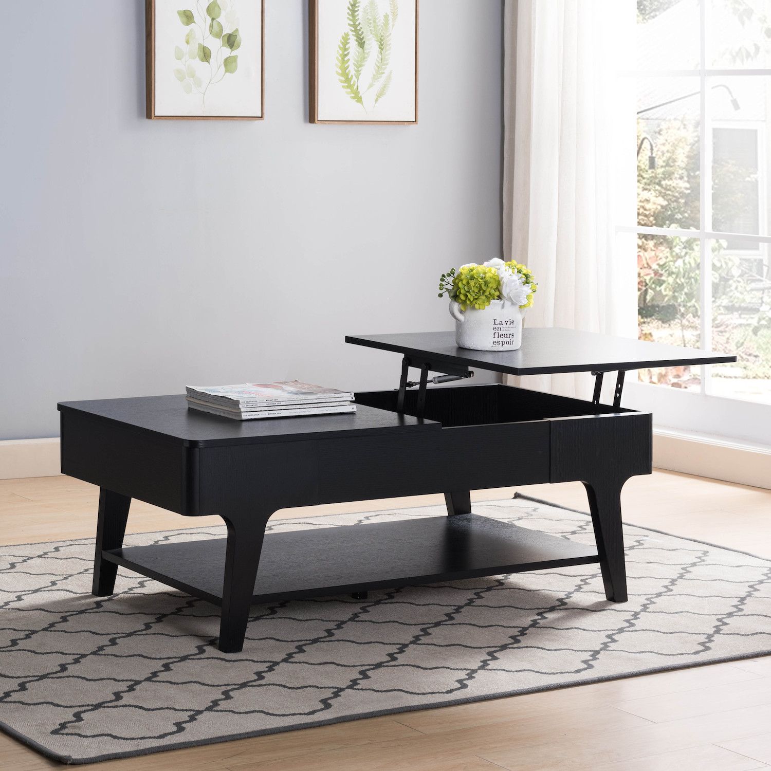 FC Design Black Coffee Table with Lift Top Table Top and Bottom Shelf