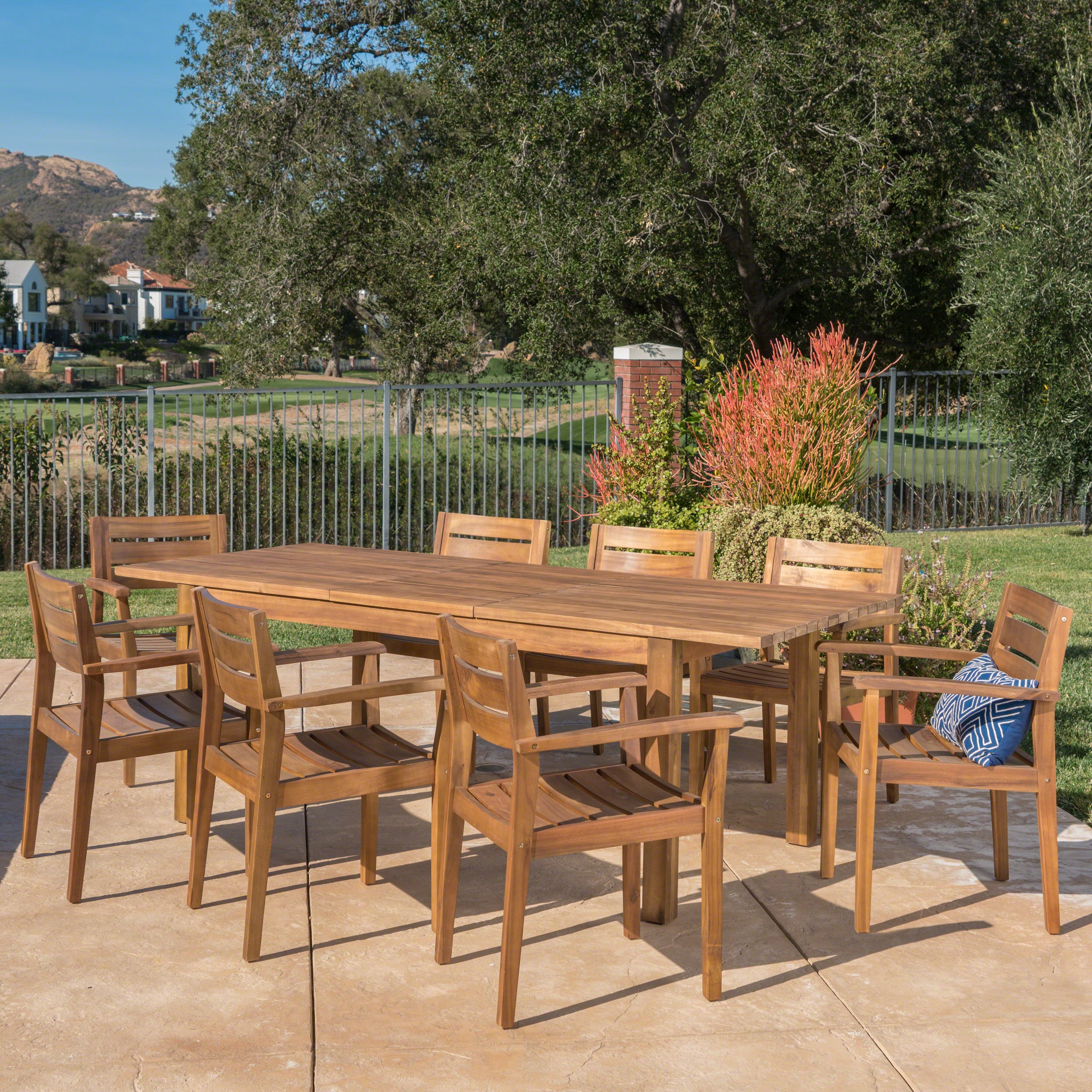 Sakura Outdoor 9 Piece Acacia Wood Dining Set with Expandable Dining Table