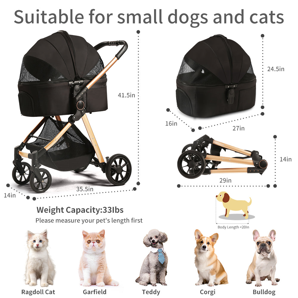 B.Childhood Pet Stroller for Medium Small Dog/Cat with Storage Basket，Black