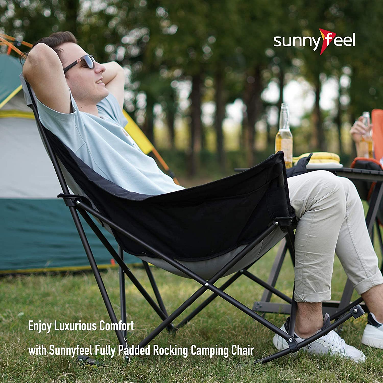 Sunnyfeel Camping Rocking Chair for Adults, Luxury Padded Recliner, Oversized Folding Rocker Lawn Chair (Green)