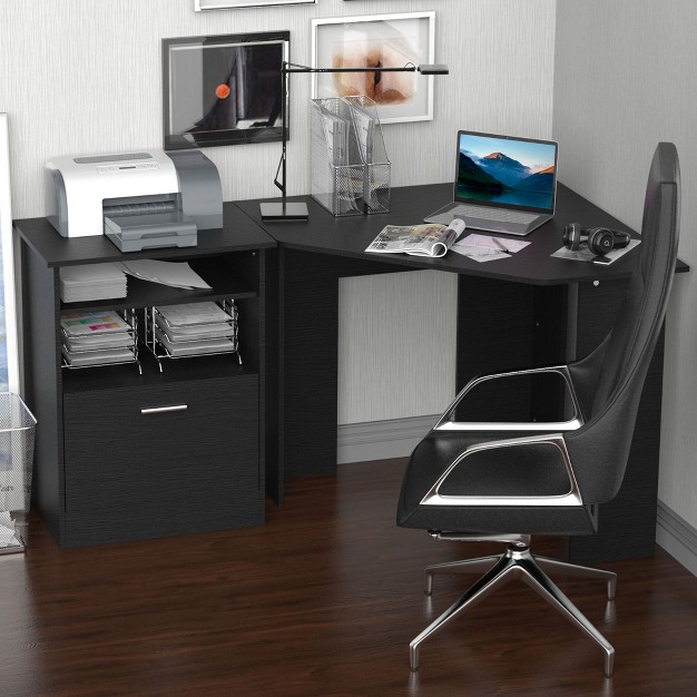 Homcom 2 Piece Corner Computer Desk Workstation With Printer Stand Storage Cabinet