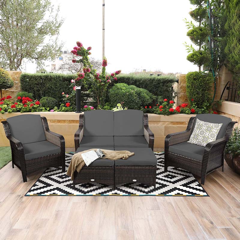 5 Pcs Rattan Wicker Patio Furniture Set with Loveseat, Single Sofas & Ottomans, Outdoor Conversation Sets