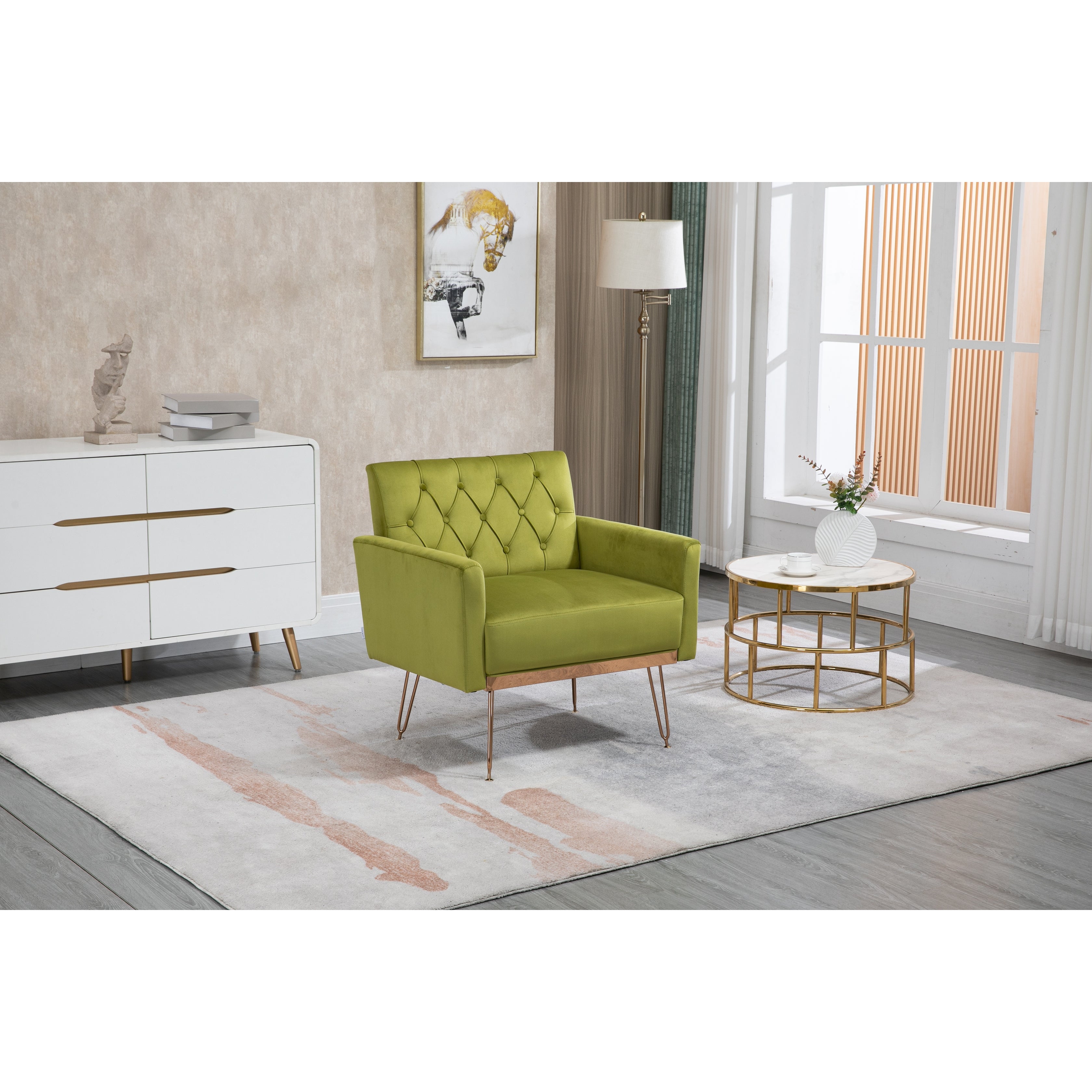 European Style Accent Chair， Velvet Upholstered Leisure Single Sofa with Rose Gold Feet for Living Room， Olive Green