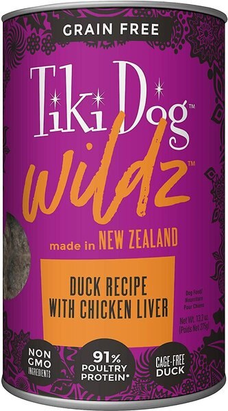 Tiki Dog Wildz Duck Recipe with Chicken Liver Grain-Free Wet Dog Food， 13.2-oz can， case of 12