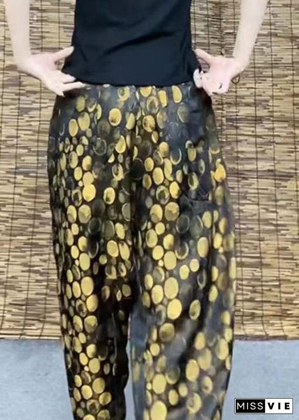 DIY Yellow Pockets Print Elastic Waist Harem Pants Summer