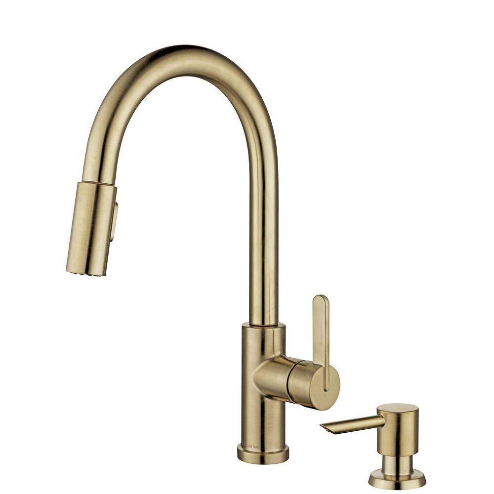 Glacier Bay Paulina Single Handle Pull Down Sprayer Kitchen Faucet with TurboSpray FastMount and Soap Dispenser in Matte Gold HD67780-104405