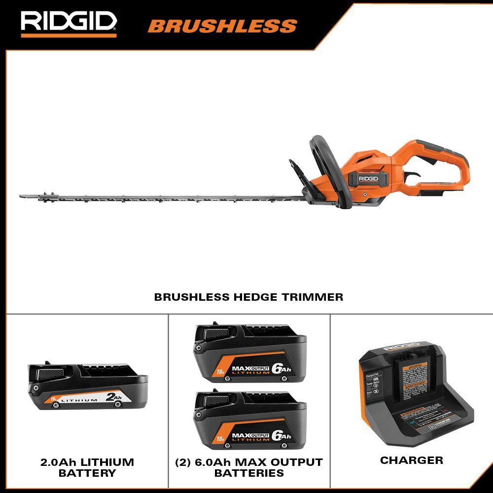 RIDGID 18V Brushless Cordless Hedge Trimmer Kit with 2.0 Ah Battery Charger and 6.0 Ah MAX Output Batteries (2-Pack) R01401KVNM-AC840060PN