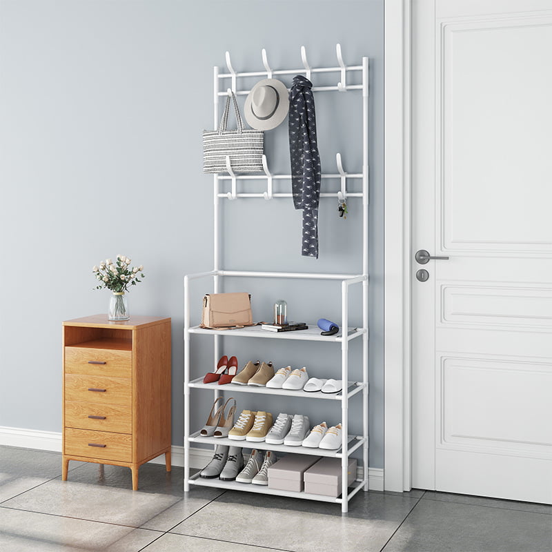 4-Tier Freestanding Coat Rack 3 in 1 Entryway Coat Rack with Shelf Modern Storage Rack with 8 Double Hooks For Bathroom Bedroom Living Room and Small Space， White