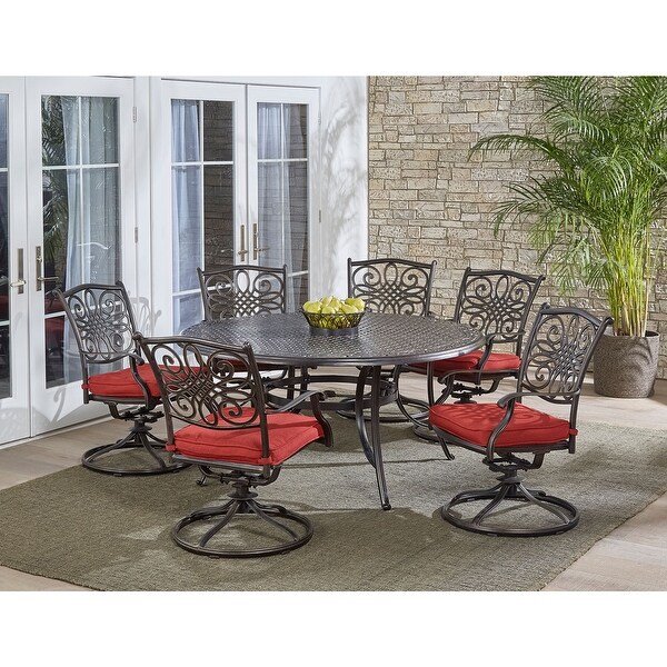 Hanover Traditions 7Piece Dining Set in Red with a 60 In. Round Casttop Table and Six Swivel Rockers